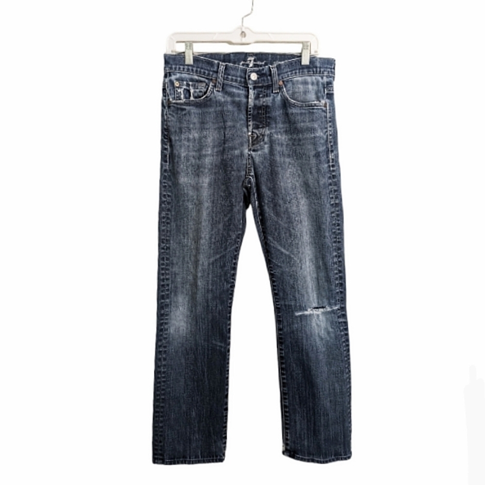 7 For All Mankind Women Blue Medium Wash Straight Jeans Standard Distressed 30